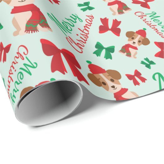 Papier Cadeau Rubans Festifs Chiens mignons Noël Vert clair (Coin rond)