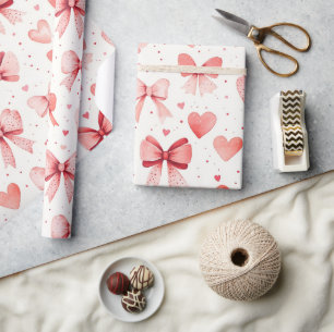 Papier Cadeau Rubans roses et coeurs aquarelle Saint-Valentin ro