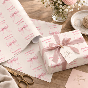 Papier Cadeau Rubans roses perles crème pour fille d'anniversair