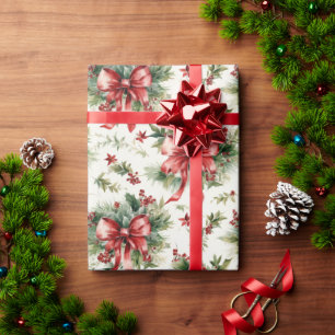 Papier Cadeau Rubans Rouges et Feuilles de Houx