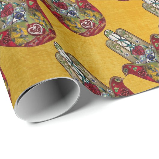 Papier Cadeau Ruby Pomegranate Heart Red Bird Hamsa (Coin rond)