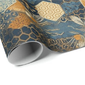 Papier Cadeau Ruche à miel bleu et or Abstraite (Coin rond)
