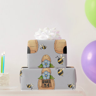 Papier Cadeau Ruche d'abeille avec fleur bleue et abeilles