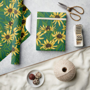 Papier Cadeau Rudbeckie jaune sur fond vert foncé