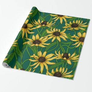 Papier Cadeau Rudbekia jaune sur vert foncé