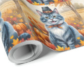Papier Cadeau Russe Bleu Chat Automne quitte Thanksgiving Art (Coin rond)