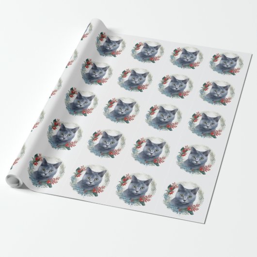 Papier Cadeau Russe Blue Chat Noël Wreath Festive Kitten (Déroulé)