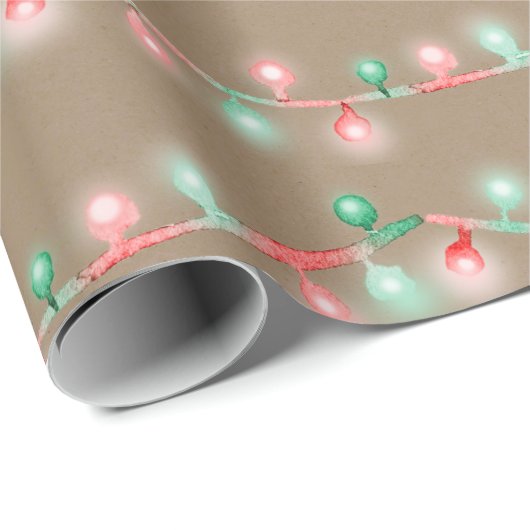 Papier Cadeau Russe Kraft Rouge Vert Arbre de Noël String Lumièr (Coin rond)