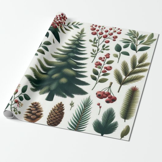 Papier Cadeau Russe Vacances Bois Aquarelle Pinecone (Déroulé)
