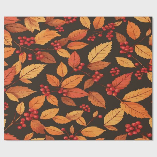 Papier Cadeau Rustic Autumn Leaves with Red Berries Pattern (Plat)