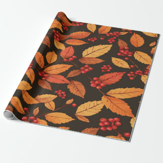 Papier Cadeau Rustic Autumn Leaves with Red Berries Pattern