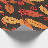 Papier Cadeau Rustic Autumn Leaves with Red Berries Pattern (Coin)