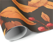 Papier Cadeau Rustic Autumn Leaves with Red Berries Pattern (Coin rond)
