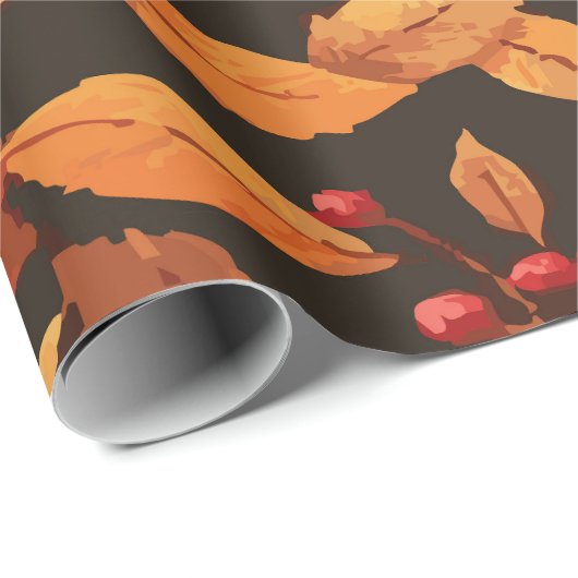 Papier Cadeau Rustic Autumn Leaves with Red Berries Pattern (Coin rond)