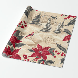 Papier Cadeau Rustic Bird et Poinsettia Motif de Noël (12)