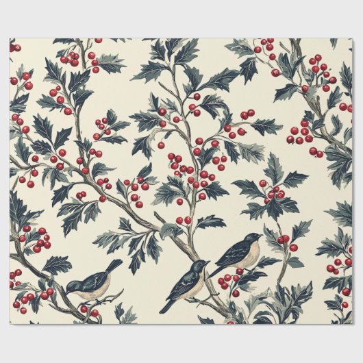Papier Cadeau Rustic Bird et Poinsettia Motif de Noël (18) (Plat)