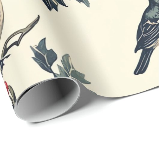 Papier Cadeau Rustic Bird et Poinsettia Motif de Noël (18) (Coin rond)