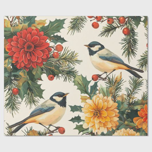 Papier Cadeau Rustic Bird et Poinsettia Motif de Noël (9) (Plat)