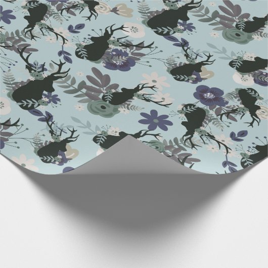 Papier Cadeau Rustic Deer Head Bleu Floral Baby shower moderne (Coin)