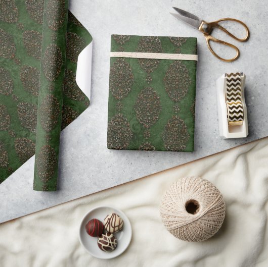 Papier Cadeau Rustic Green Damask Elegant Vintage Holiday (Artisanat)