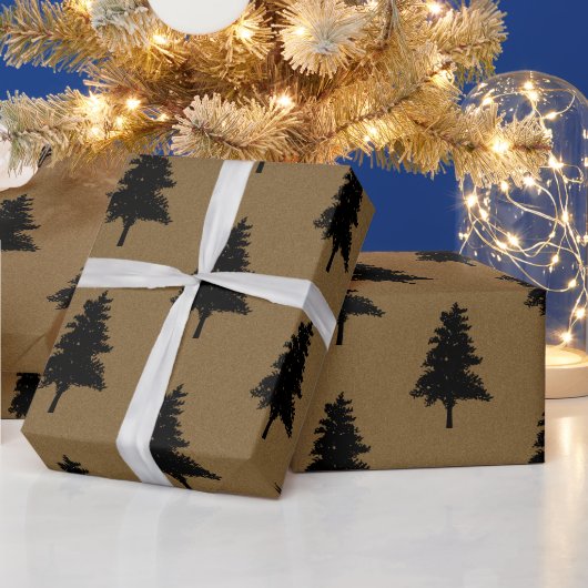 Papier Cadeau Rustic Kraft Brown Black Christmas Tree Pattern (Vacances)