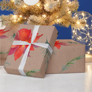 Papier Cadeau Rustic Kraft Couleur Verdure d'hiver & Poinsettia