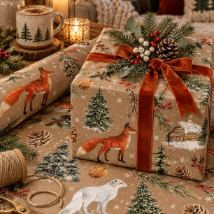 Papier Cadeau Rustic Kraft Tout Bois et Renard Arctique