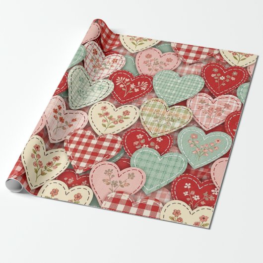 Papier Cadeau Rustic Patchwork Hearts Picnic Pattern (3) (Déroulé)