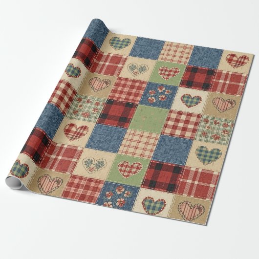 Papier Cadeau Rustic Patchwork Hearts Picnic Pattern (5) (Déroulé)