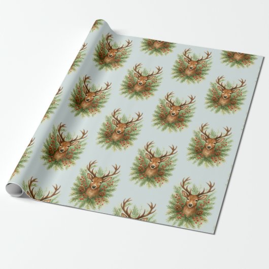 Papier Cadeau Rustic Woodland Deer Head with Winter Foliage - (Déroulé)