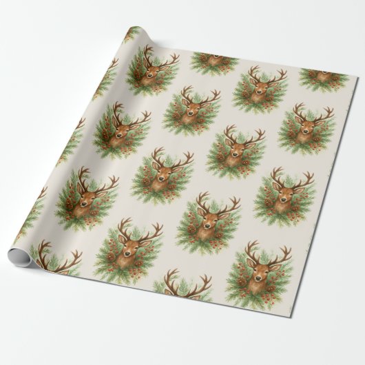 Papier Cadeau Rustic Woodland Deer Head with Winter Foliage - (Déroulé)