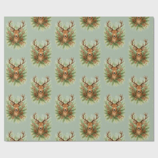 Papier Cadeau Rustic Woodland Deer Head with Winter Foliage - (Plat)