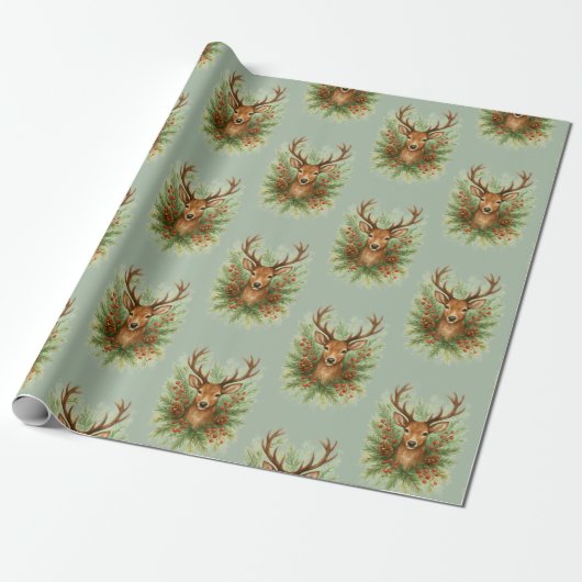 Papier Cadeau Rustic Woodland Deer Head with Winter Foliage - (Déroulé)