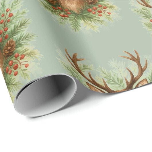 Papier Cadeau Rustic Woodland Deer Head with Winter Foliage - (Coin rond)