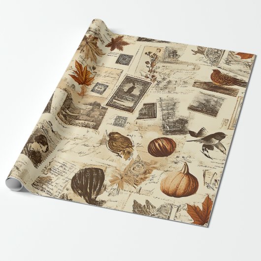 Papier Cadeau Rustique Automne Ephemera Collage | Terre chaude (Déroulé)