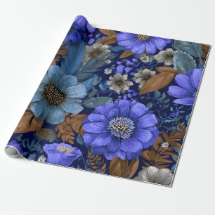 Papier Cadeau Rustique Bold Bleu Nuit Botanique Floral Vintage