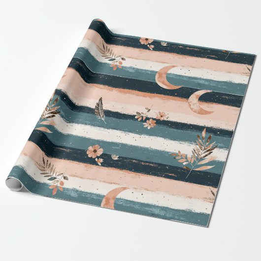 Papier Cadeau Rustique Céleste Rayure Lune Soleil Terrien (2) (Déroulé)