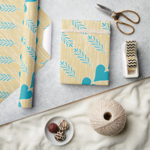 Papier Cadeau Rustique Coeur Bleu Turquoise Aqua Tan Brown