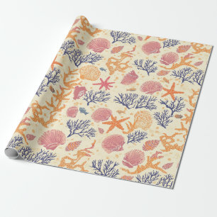 Papier Cadeau Rustique Côté Mer - Coquillages, Étoiles de Mer, R