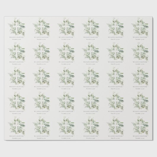 Papier Cadeau Rustique Green Eucalyptus Fern Foliage Croix Baptê (Plat)