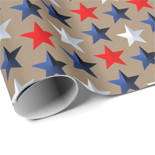 Papier Cadeau Rustique Kraft Bright Red White & Blue Stars (Coin rond)
