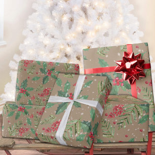 Papier Cadeau Rustique Kraft Christmas Holly Berries Spruce Twig