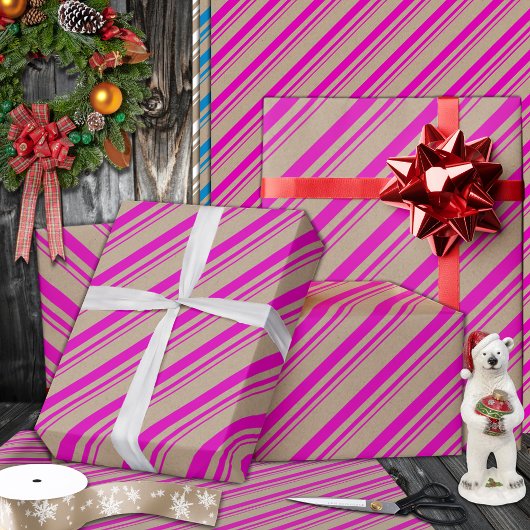 Papier Cadeau Rustique Kraft Hot Pink Stripes vacances