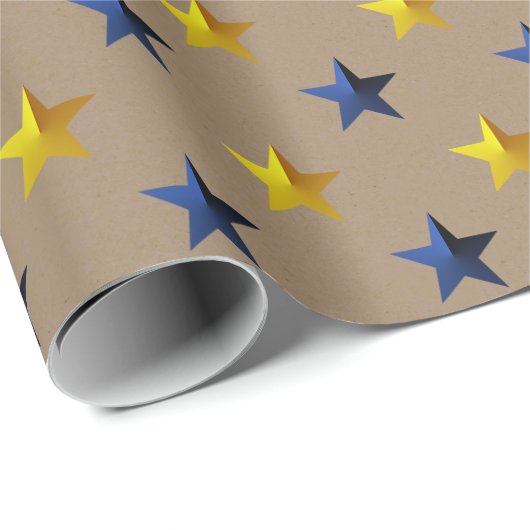 Papier Cadeau Rustique Kraft Navy Blue Gold Stars (Coin rond)