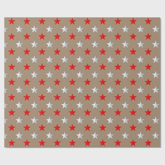 Papier Cadeau Rustique Kraft Red Silver Stars (Plat)