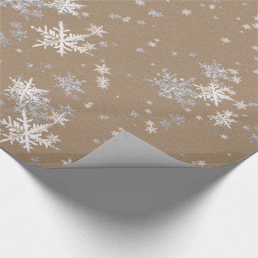 Papier Cadeau Rustique Kraft Silver & Snowflakes blanc (Coin)