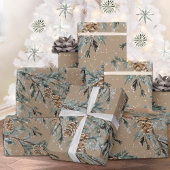 Papier Cadeau Rustique Kraft Snowy Blue Juniper Branche et cônes