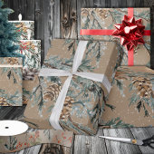 Papier Cadeau Rustique Kraft Snowy Blue Juniper Branche et cônes