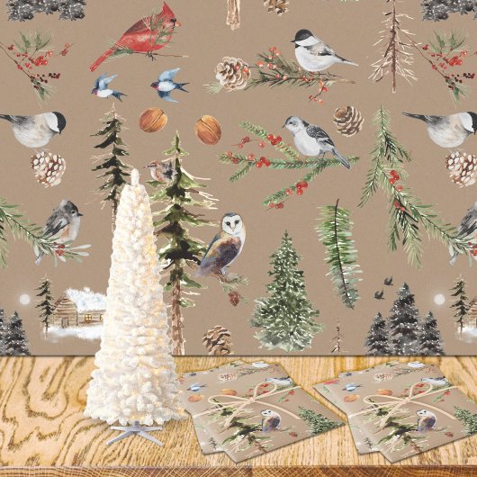 Papier Cadeau Rustique Kraft Tout Bois Oiseaux d'hiver