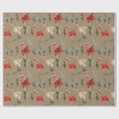 Papier Cadeau Rustique Kraft Tout Poinsettias Holly & Pine (Plat)